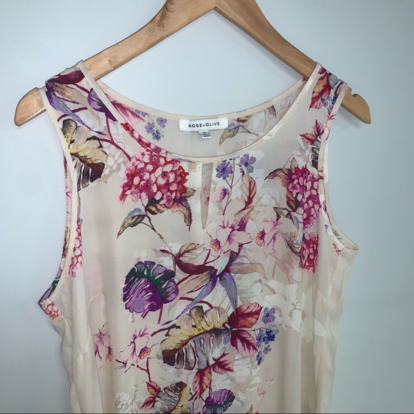 Rose + Olive by Anthropologie Floral Sleeveless Blouse Cream Keyhole Size Medium - Picture 3 of 6